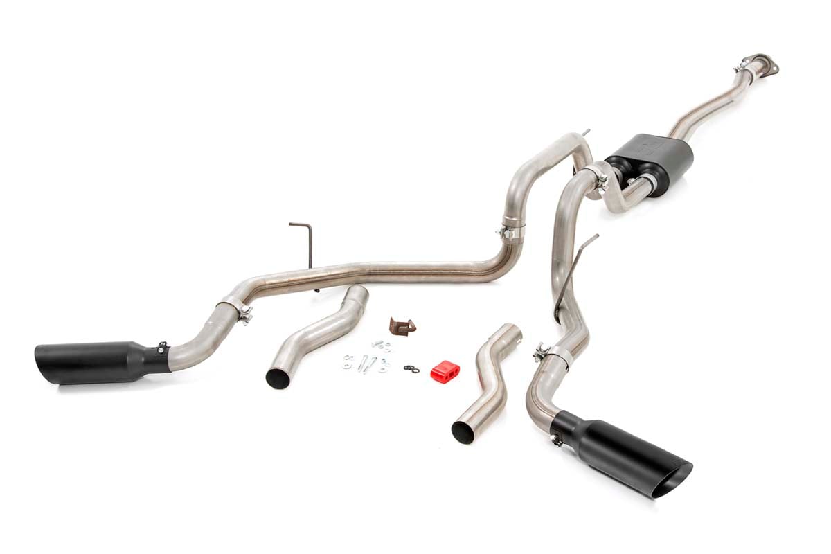 Chevrolet Silverado 1500 Performance Exhaust - Rough Country - Dual Cat-Back with Dual Wall 304 Black Stainless Tips - Black - '99-'06